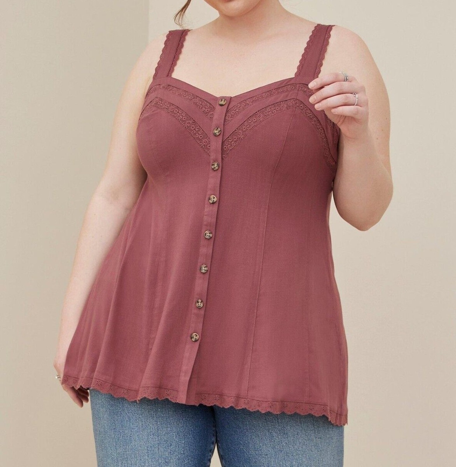 Torrid Fit Flare Rayon Slub Lace Trim Button-Front Tank Brown Women's 5 5x 28